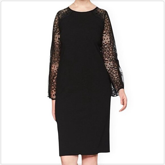 Alex Evenings Black Lace Illusion Bell Sleeves Jeweled Shift Dress New NWT 6 - Picture 6 of 9